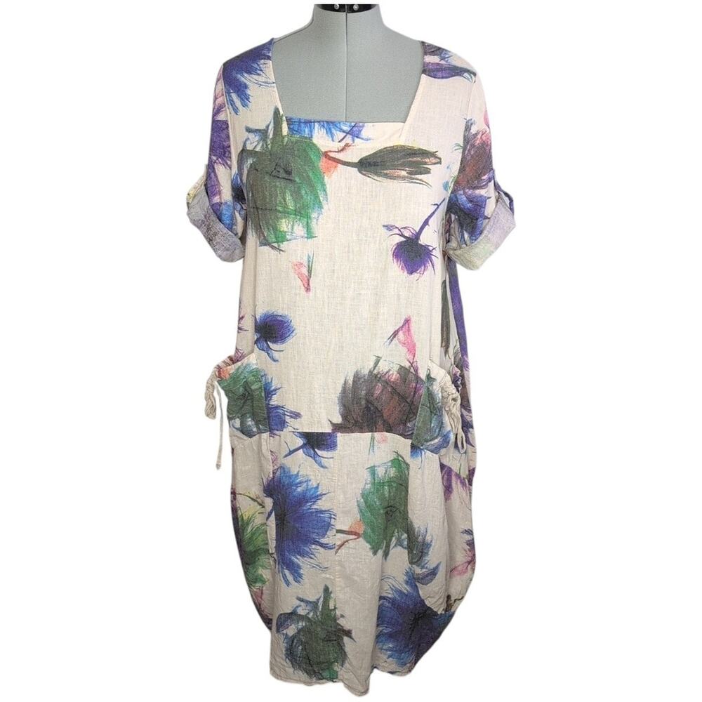 Christina Vergani Linen/Cotton Floral Print Dress Size Medium Boho Lagenlook